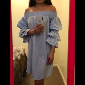 pastel blue off shoulder dress with sleeves